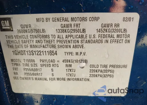 2002 Oldsmobile Bravada из США, поврежденный, VIN 1GHDT13S122111654